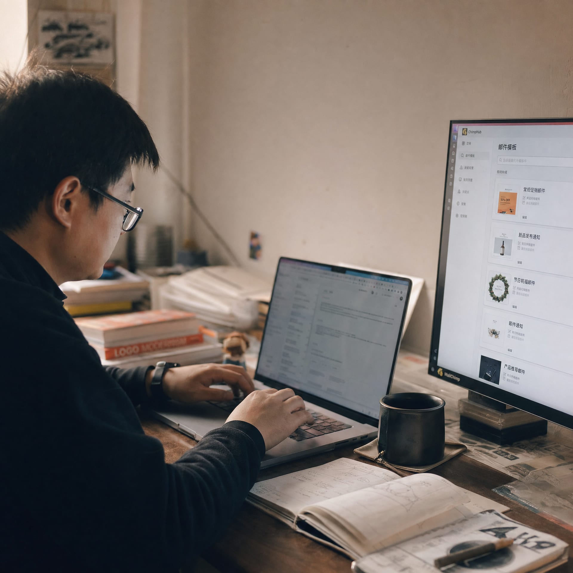 A designer at a walnut desk with hands on a MacBook keyboard and a second vertical monitor showing an ESP dashboard with email templates listed.