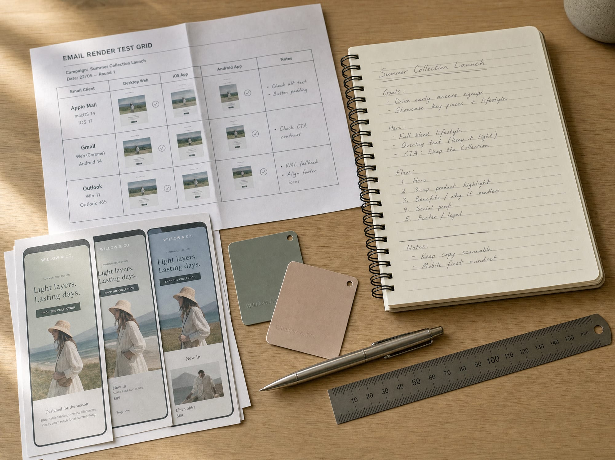 Top-down view of a worktable: a printed render-test grid, an open notebook with brief notes, a metal pen, and three printed mobile-email mockups.