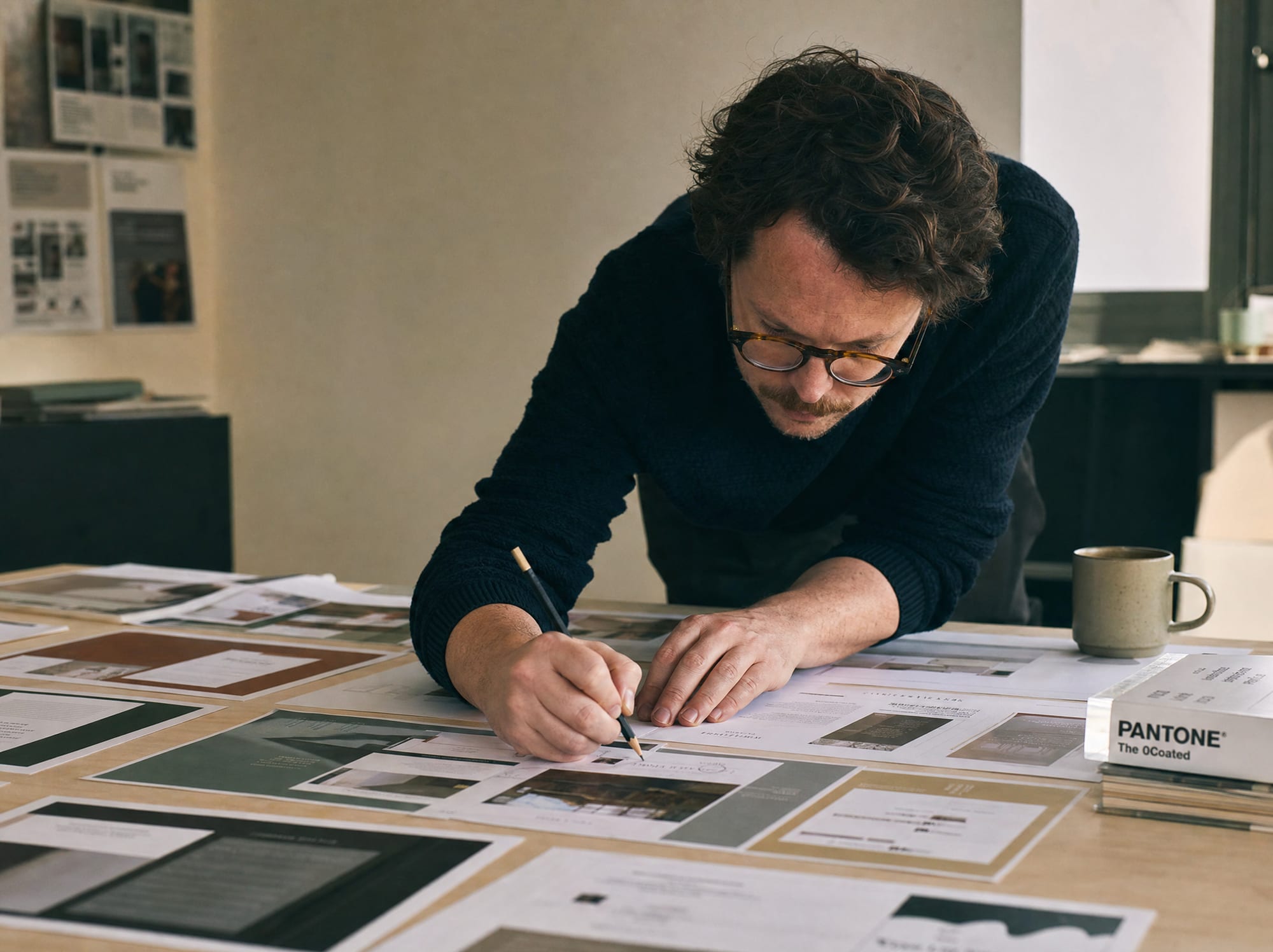 A senior email art director leaning over a worktable covered in printed email-layout proofs, marking a single proof with a pencil.