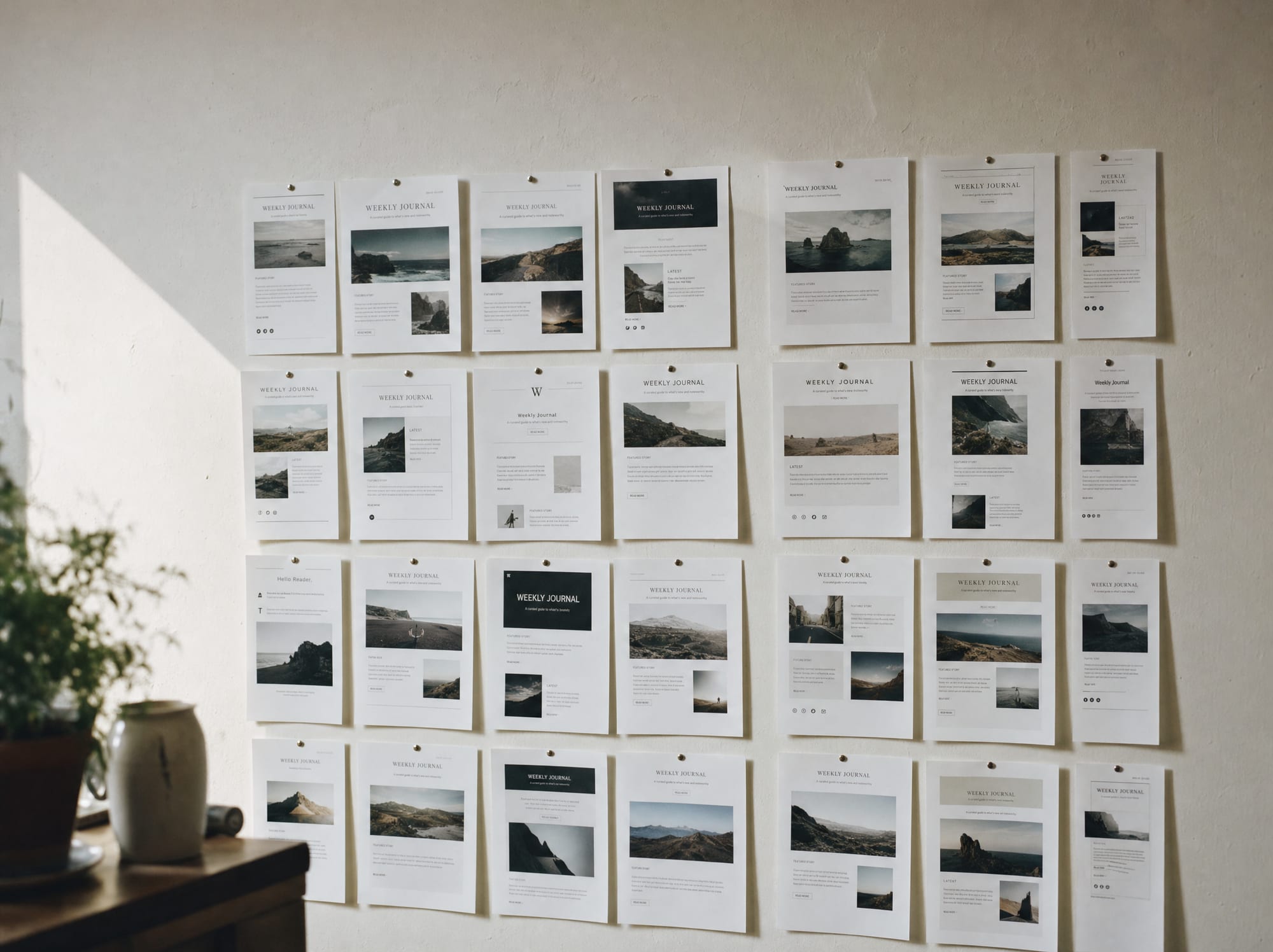 A studio wall pinned with a tidy grid of twenty printed paper email mockup variations of the same newsletter.