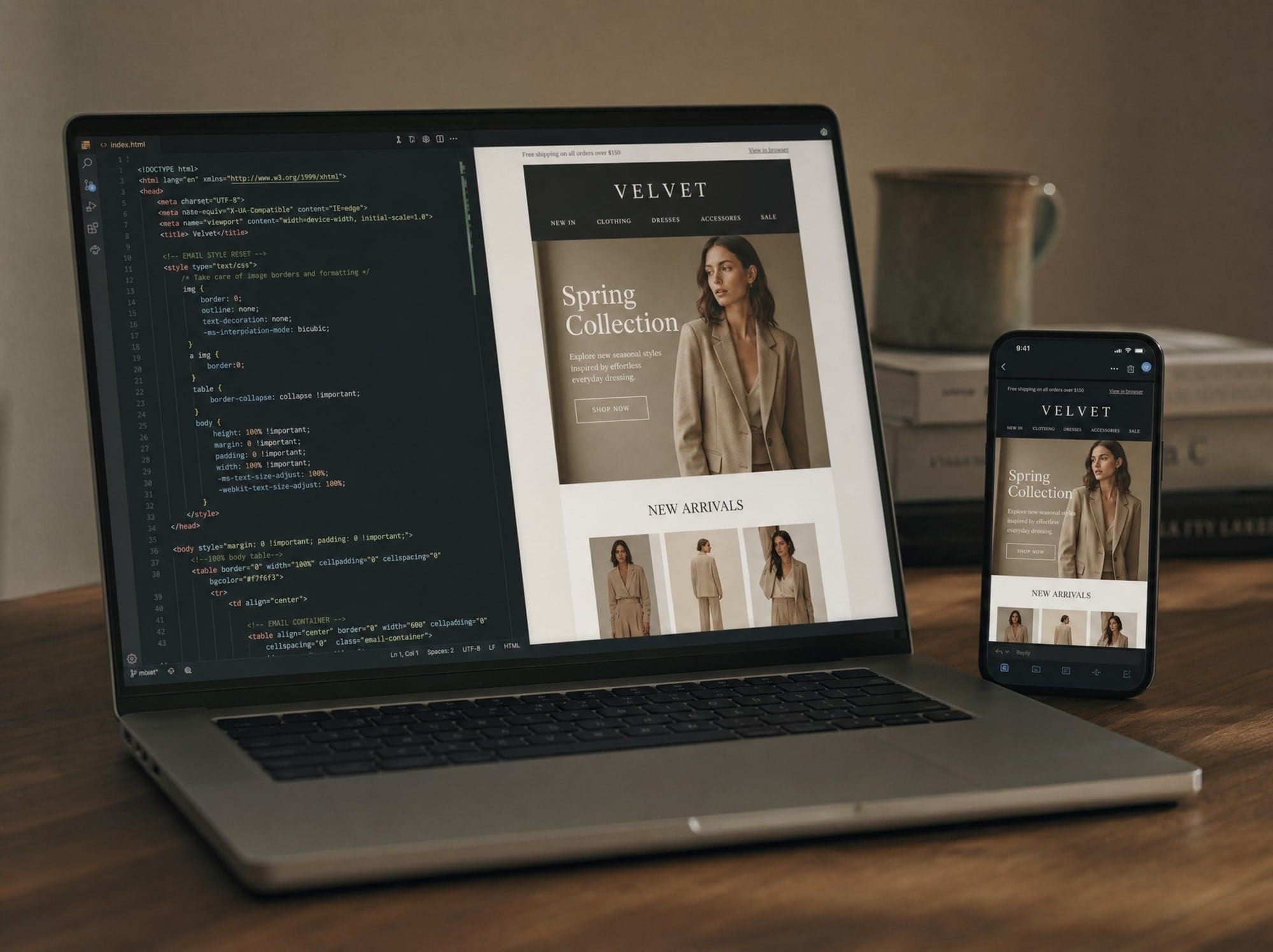 A laptop showing an HTML email code editor beside a live email preview.