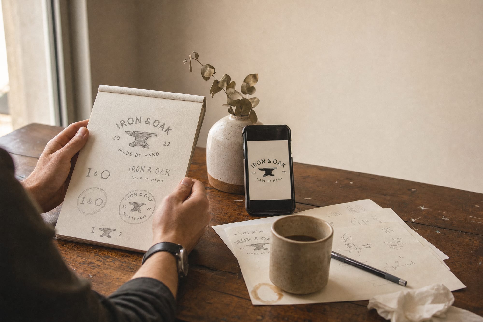 A designer’s hand rests on a paper sketchbook beside a phone showing the same logo rendered cleanly, in warm side light.