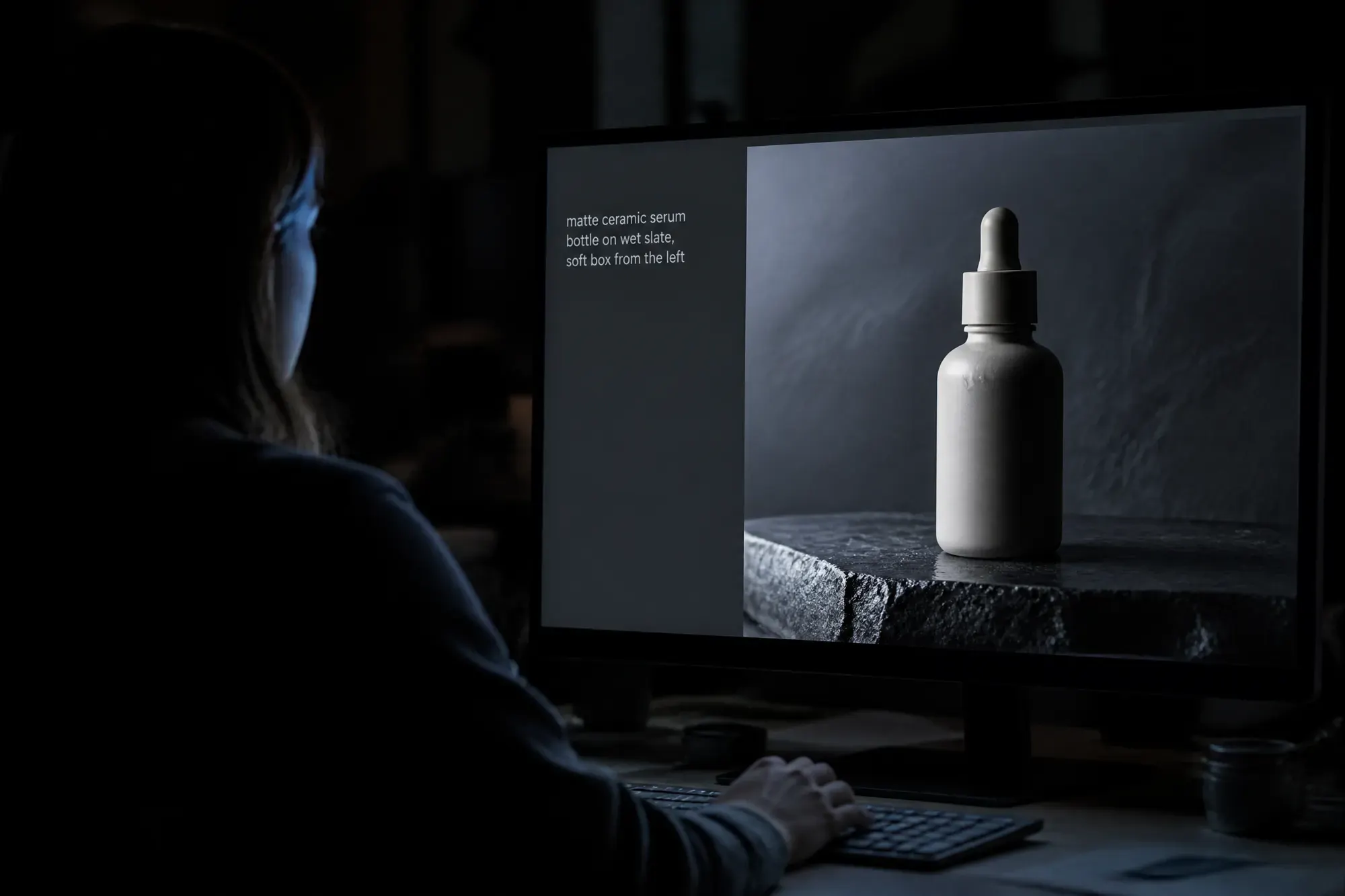 Over the shoulder of a creative director in a dark studio, a monitor shows a short typed prompt beside the product photograph the model rendered from it.