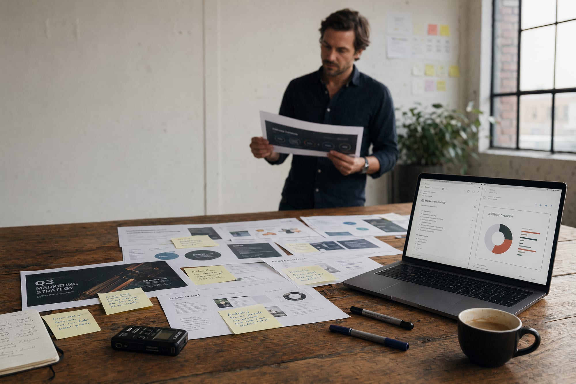 A marketer at a studio table holds up one slide from a printed deck, with annotated sticky notes and a laptop showing a notebook-style interface.