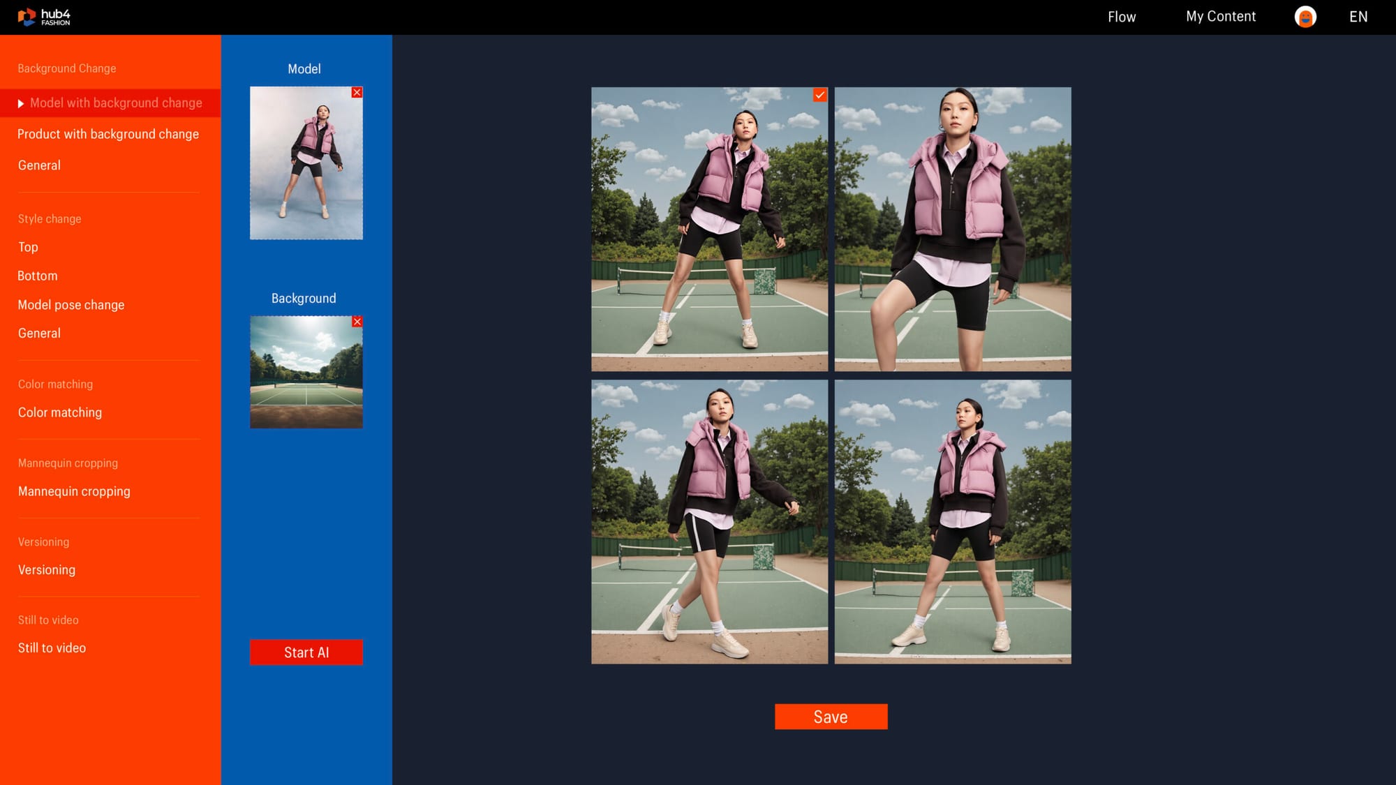 The hub4You platform generating on-brand campaign visuals from a stored brand system.