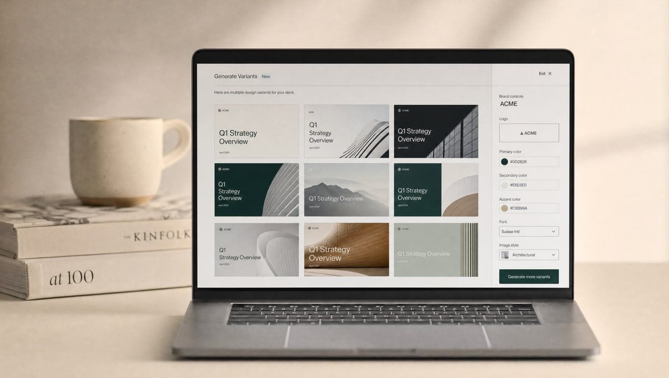 The hub4You platform composing on-brand presentation slides from a master deck.