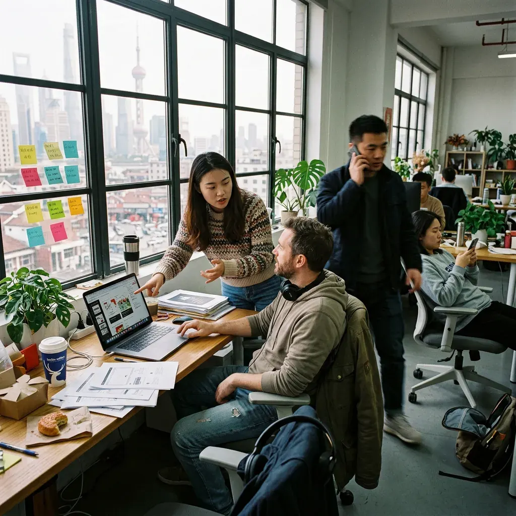 A wide view of the hubStudio Shanghai floor with editorial daylight, calibrated stations and brand-variation proofs pinned along the back wall.