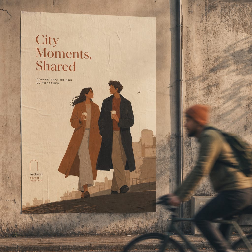 An illustrated out-of-home poster pasted to a weathered concrete wall on a quiet side street, a cyclist passing in soft blur.