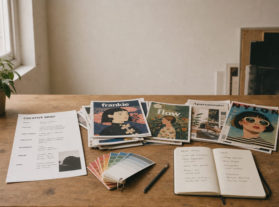 A studio worktable scattered with a printed brief, magazine tear-sheets of illustrated covers, a color swatch fan and handwritten notes.