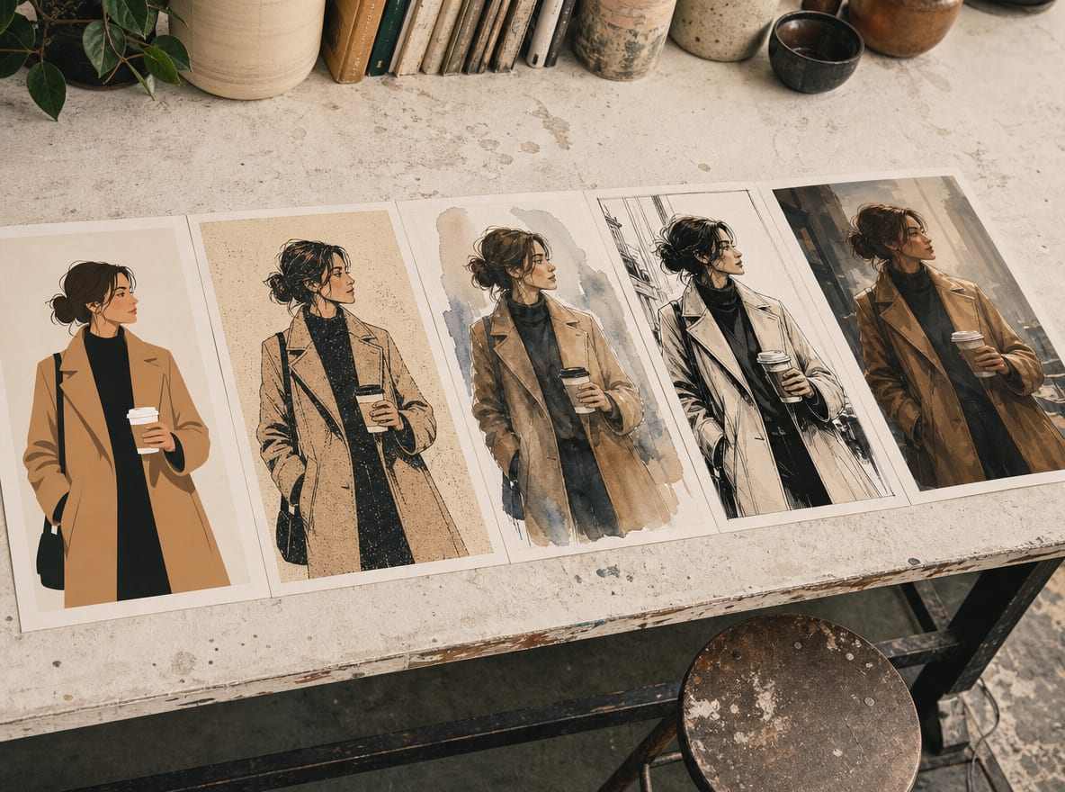 Five printed illustration sheets on a long worktable, each rendering the same character in a different style: flat vector, grainy print, watercolor, graphic-novel ink, painterly digital.