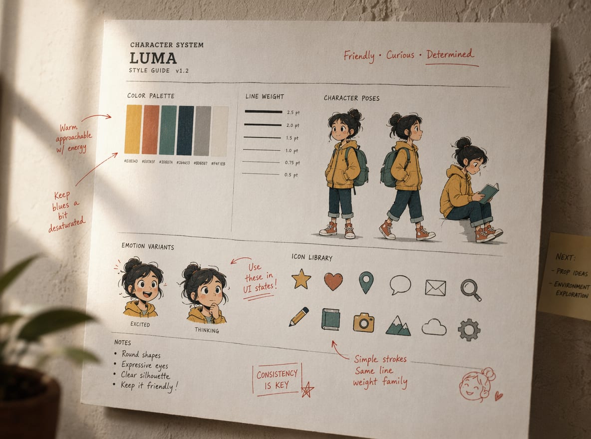 A printed illustration style guide on a plaster surface: palette swatches, line-weight samples, character poses and emotion variants annotated in red marker.