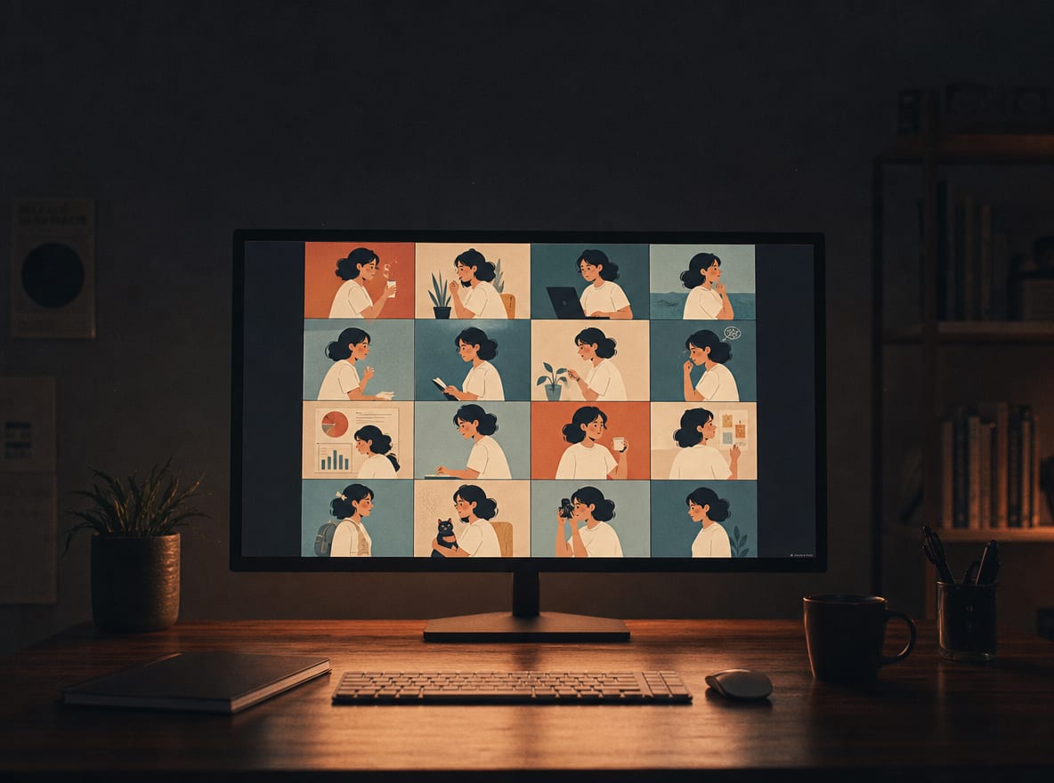 A grid of sixteen variant editorial illustrations of the same character, all in the same flat-vector style, on a wide studio monitor.