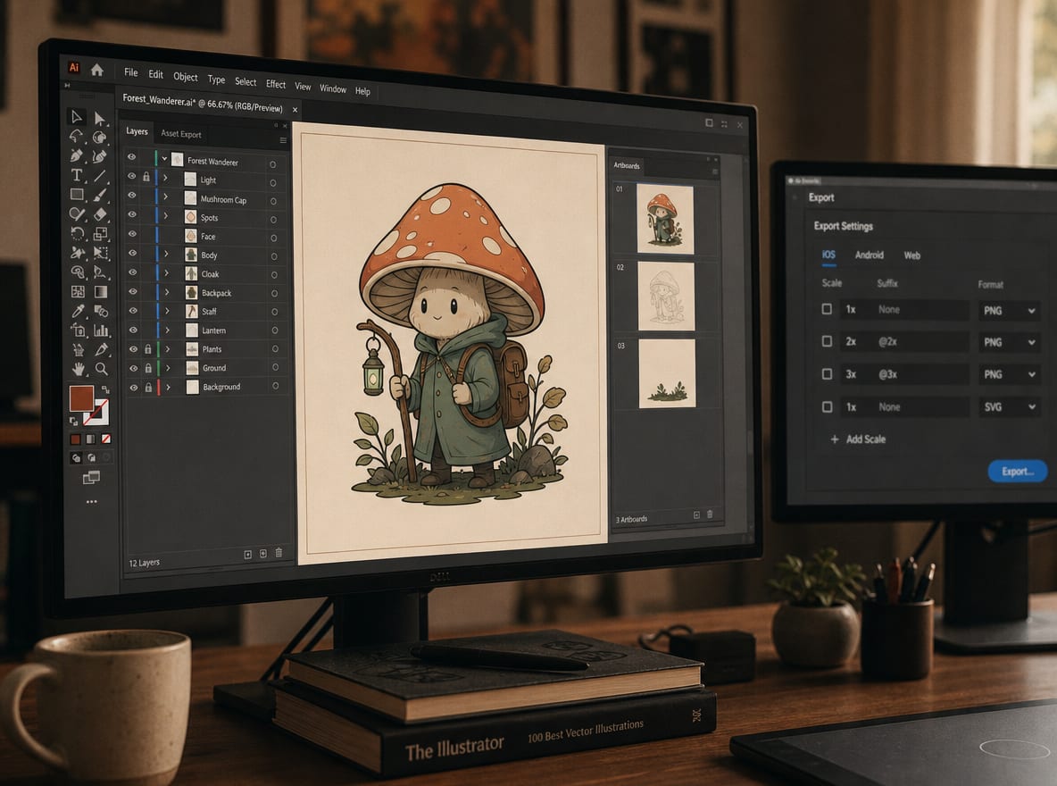 A designer's monitor showing an illustration source file in a vector design app with layer and artboard panels, finished character artwork on the artboard.