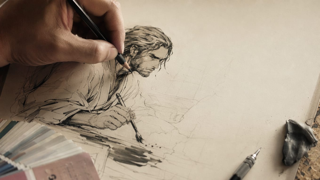 A close shot of an illustrator's hand drawing in pencil on a half-finished editorial illustration, with worn studio tools at the edge of frame.