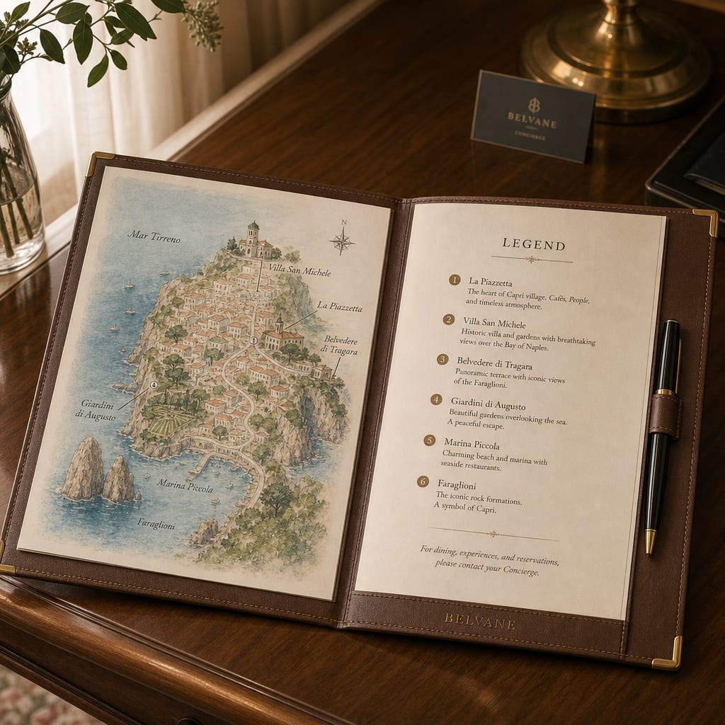 A leather concierge folder open on a walnut desk, the left page a hand-drawn watercolor map of a Mediterranean coastal town and the right page a serif key.