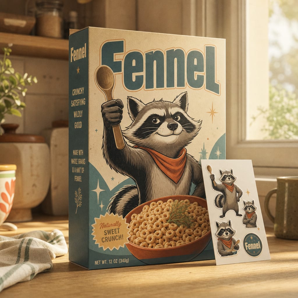 A cereal carton on a kitchen counter illustrated with a graphic-novel raccoon mascot raising a spoon, beside a sticker sheet of the same mascot.