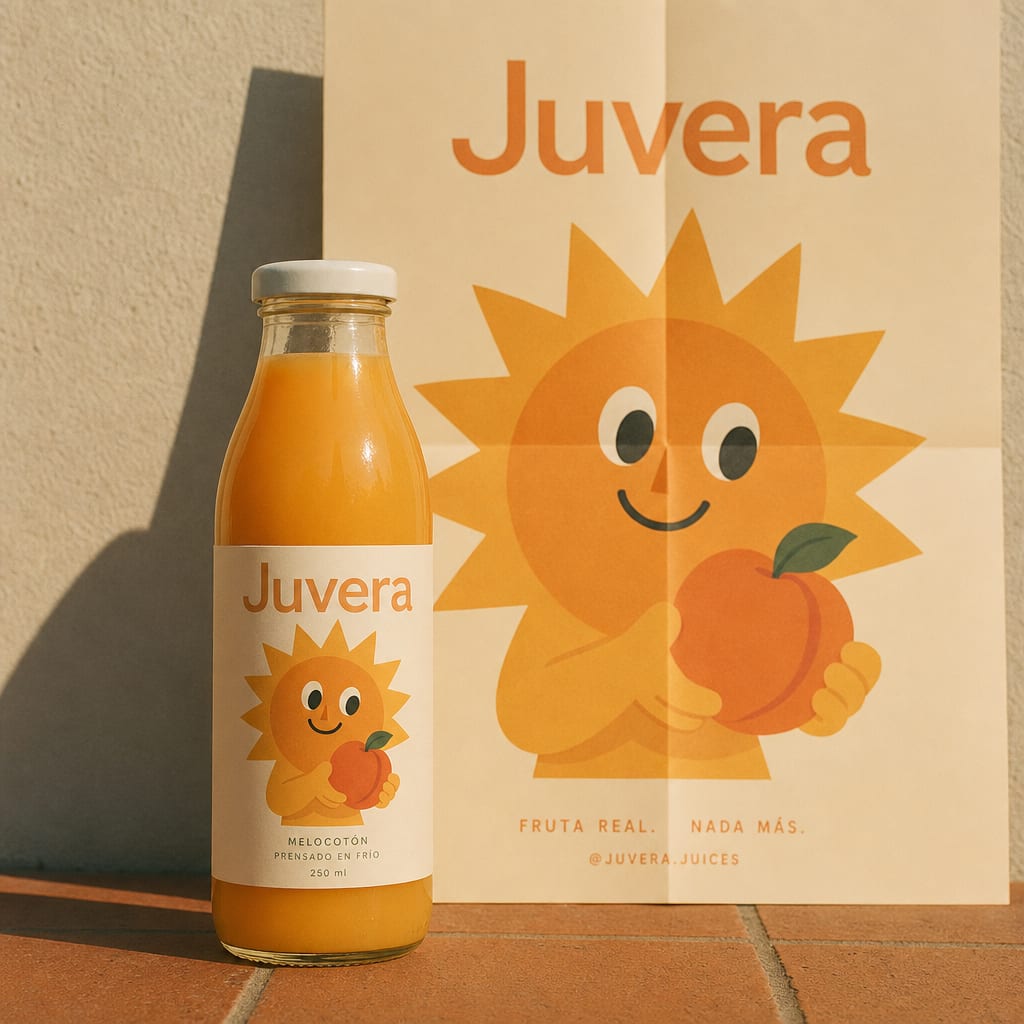 A glass juice bottle illustrated with a flat-vector sun character holding fruit, behind it a folded out-of-home poster of the same character.