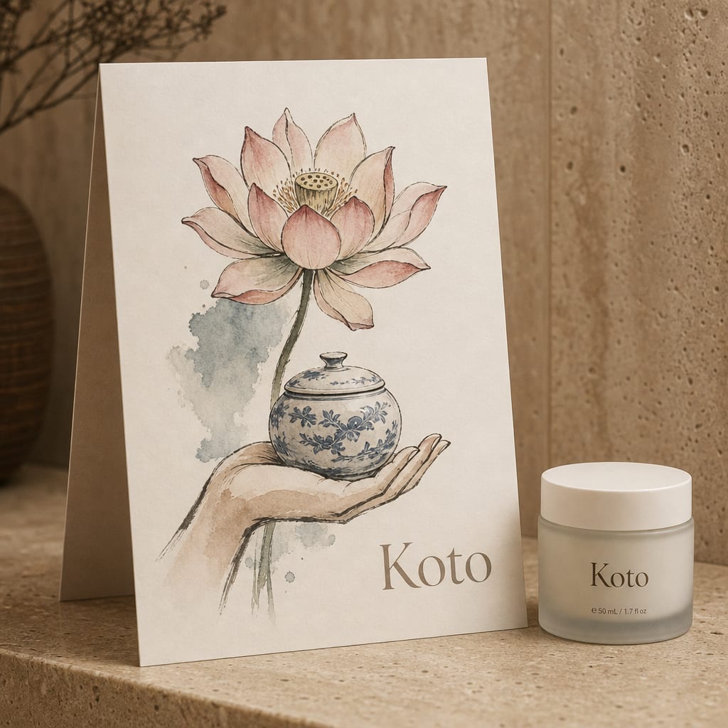 A retail point-of-sale poster on travertine, carrying a hand-painted ink-and-watercolor lotus and a hand cupping a porcelain jar, with the Koto wordmark.