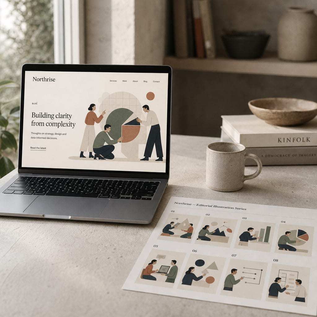 A laptop displaying a Northrise editorial illustration of figures around an abstract data shape, beside a printed contact sheet of related spot illustrations.