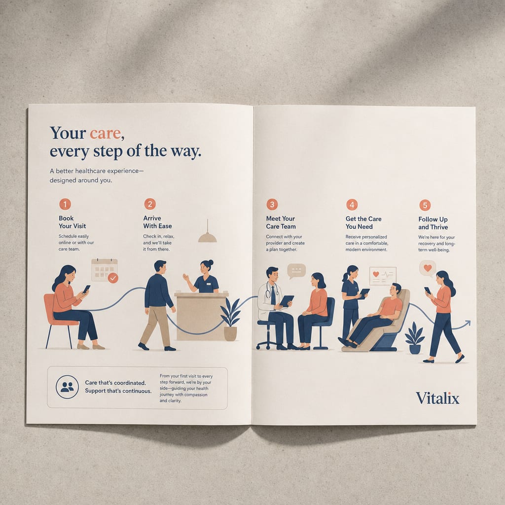 A printed brochure spread on pale concrete carrying a flat-vector patient journey: five visit stages connected by a soft curving line.