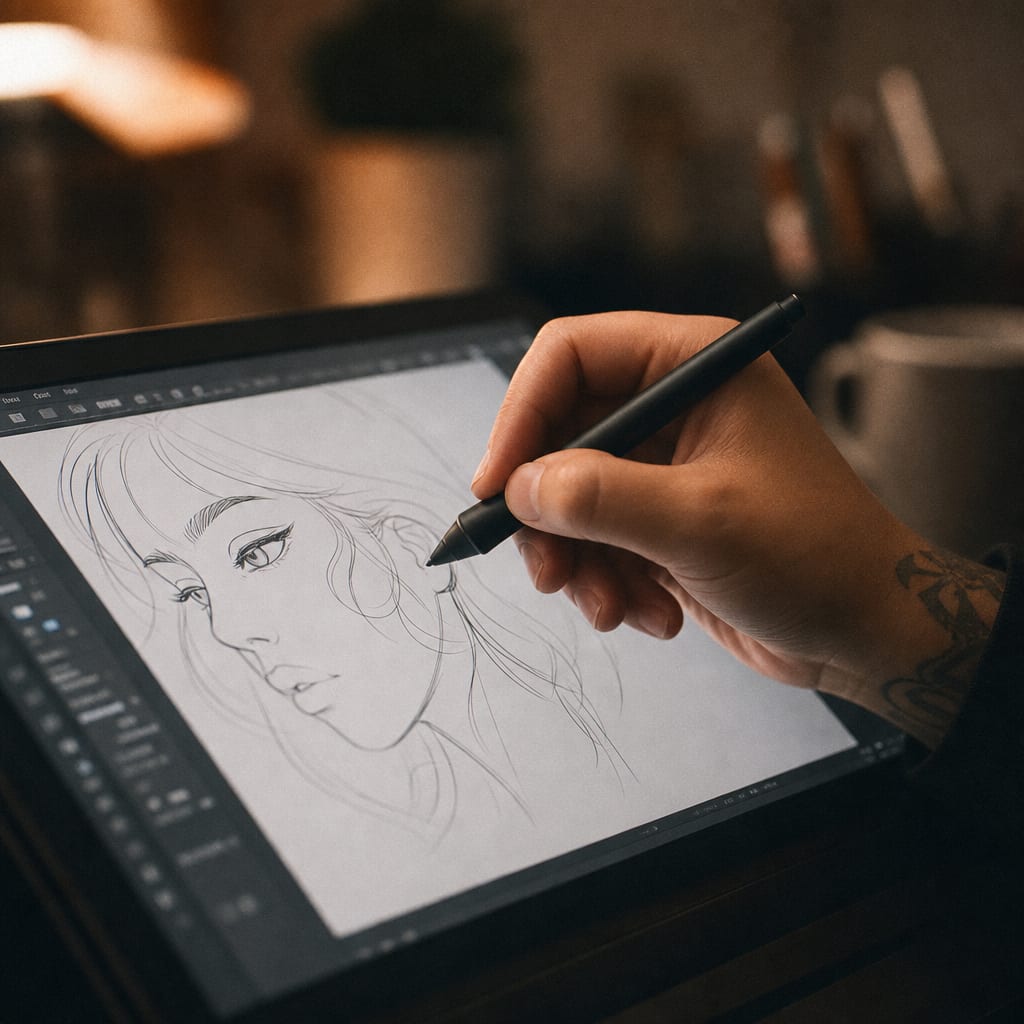 A close shot of an illustrator's hand holding a stylus over a graphics tablet, drawing a stylized face in line.