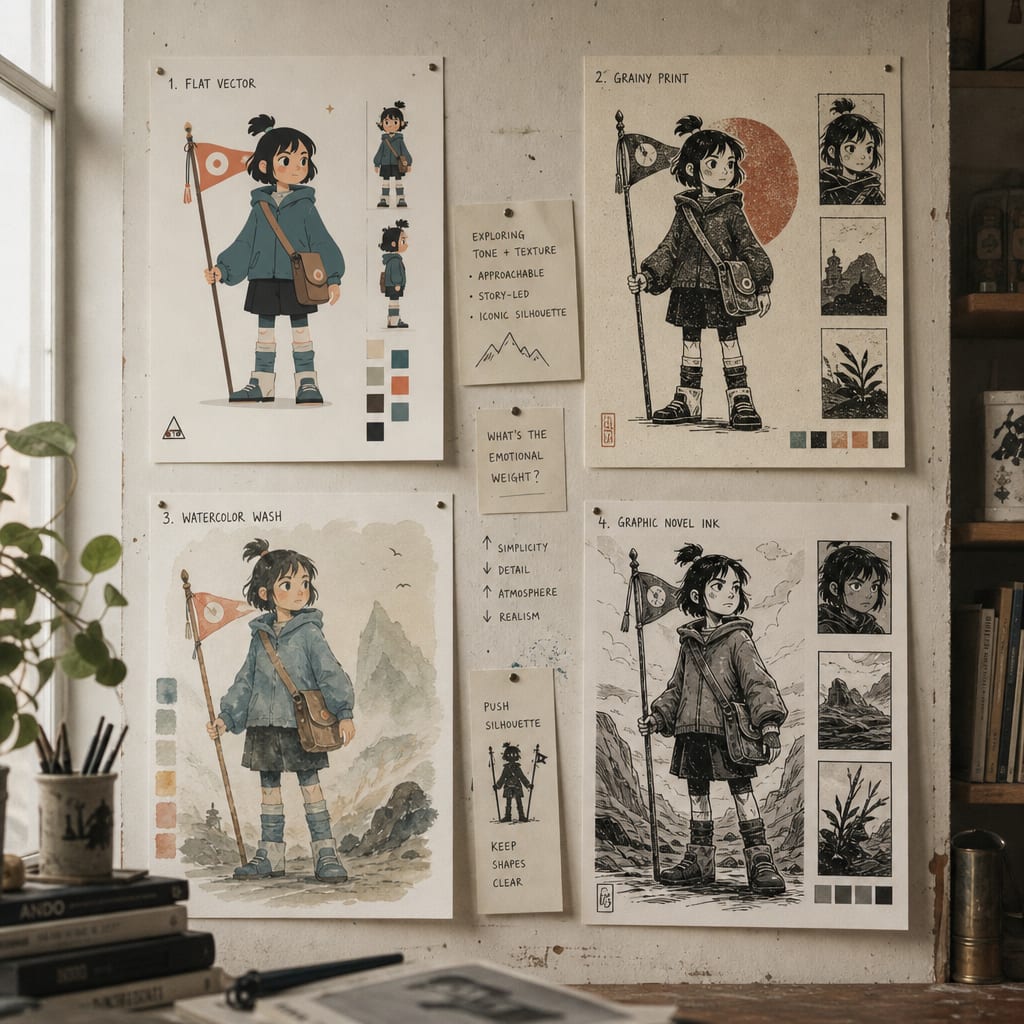 A studio wall pinned with four printed style-direction sheets for the same character, each in a different visual world.