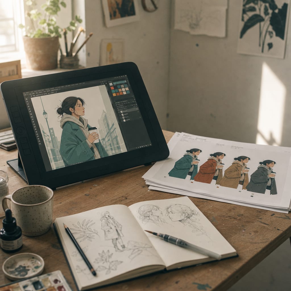 An illustrator’s worktable with a graphics tablet showing an editorial illustration.