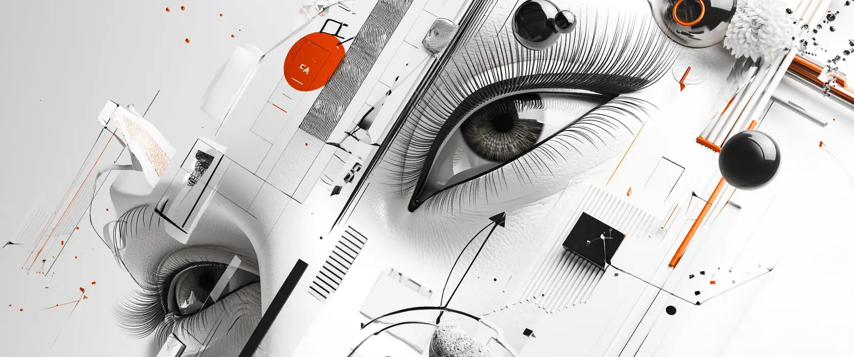 An abstract black, white, and orange collage of close-up human eyes among geometric fragments, spheres, and fine line work.