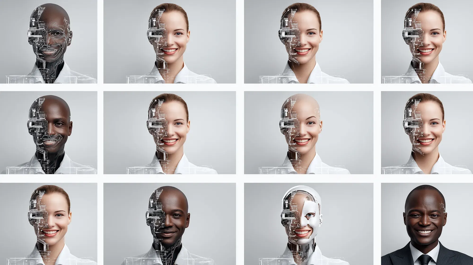 A grid of portraits, each face split between a smiling human likeness and a chrome robotic head.