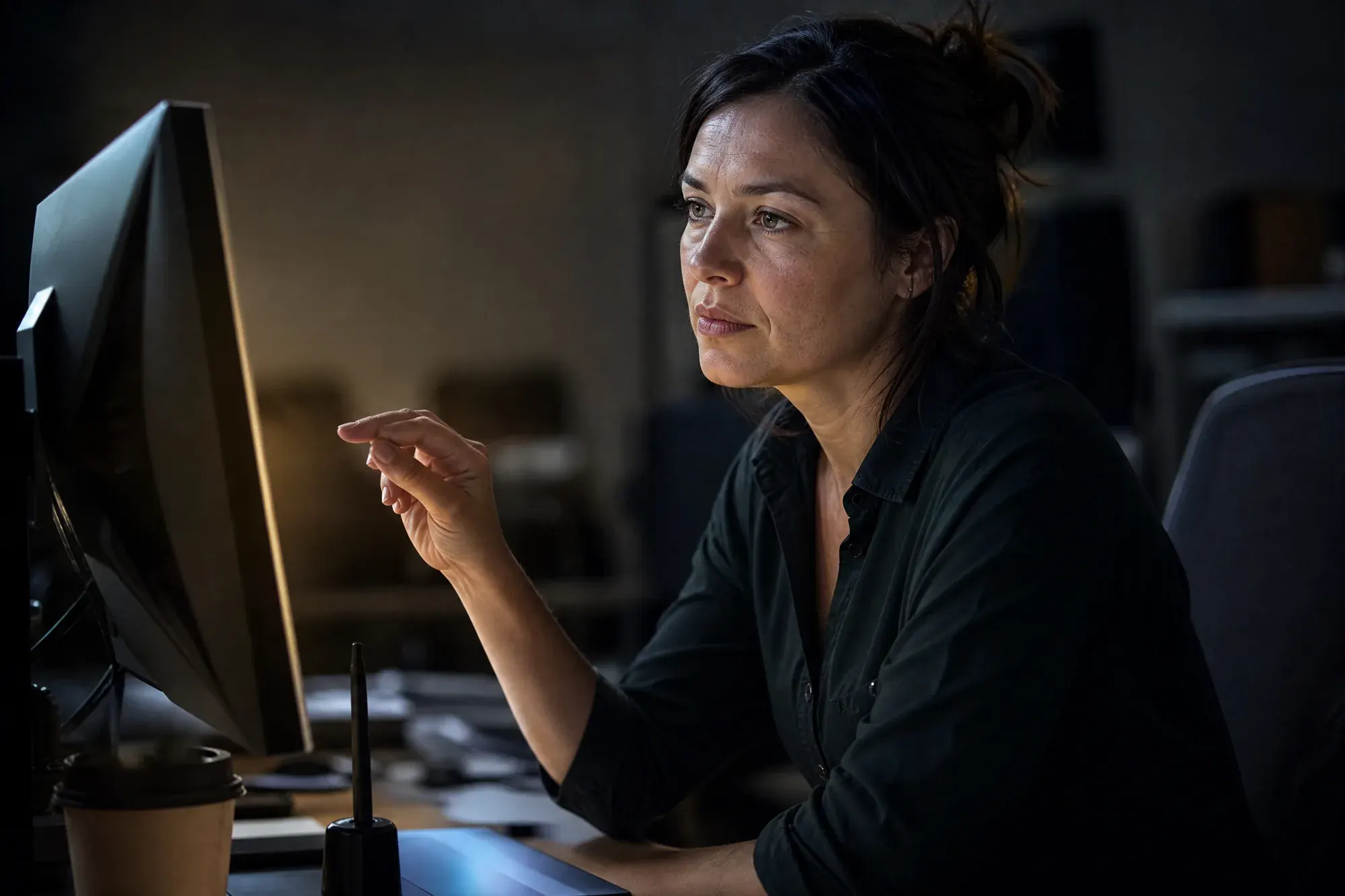 A senior art director leaning toward a color-graded monitor in a dim studio, warm screen light across her focused face.