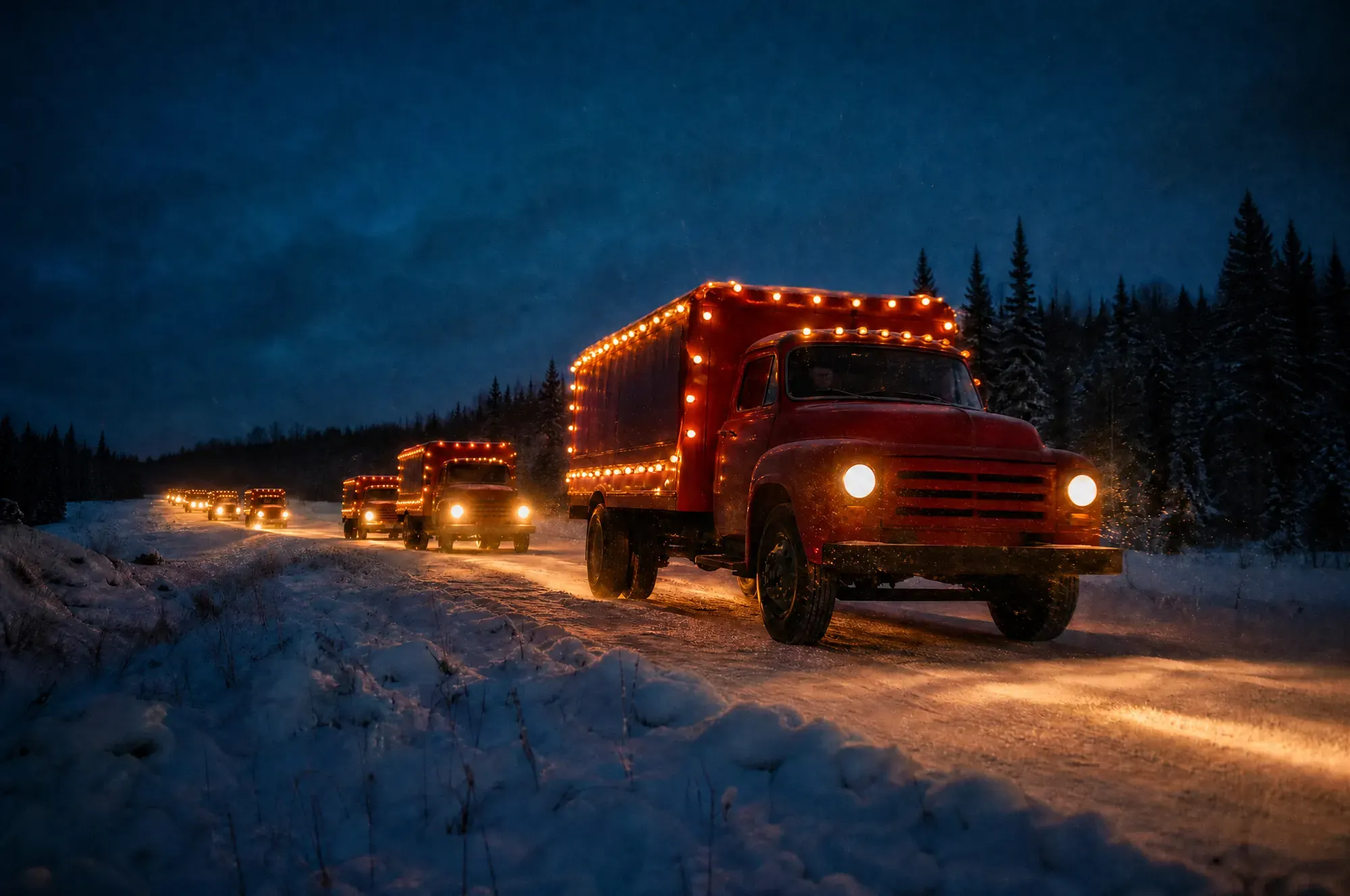 A convoy of red delivery trucks strung with warm lights moving along a snow-covered rural road at dusk, photographed from the roadside in soft blue evening light.