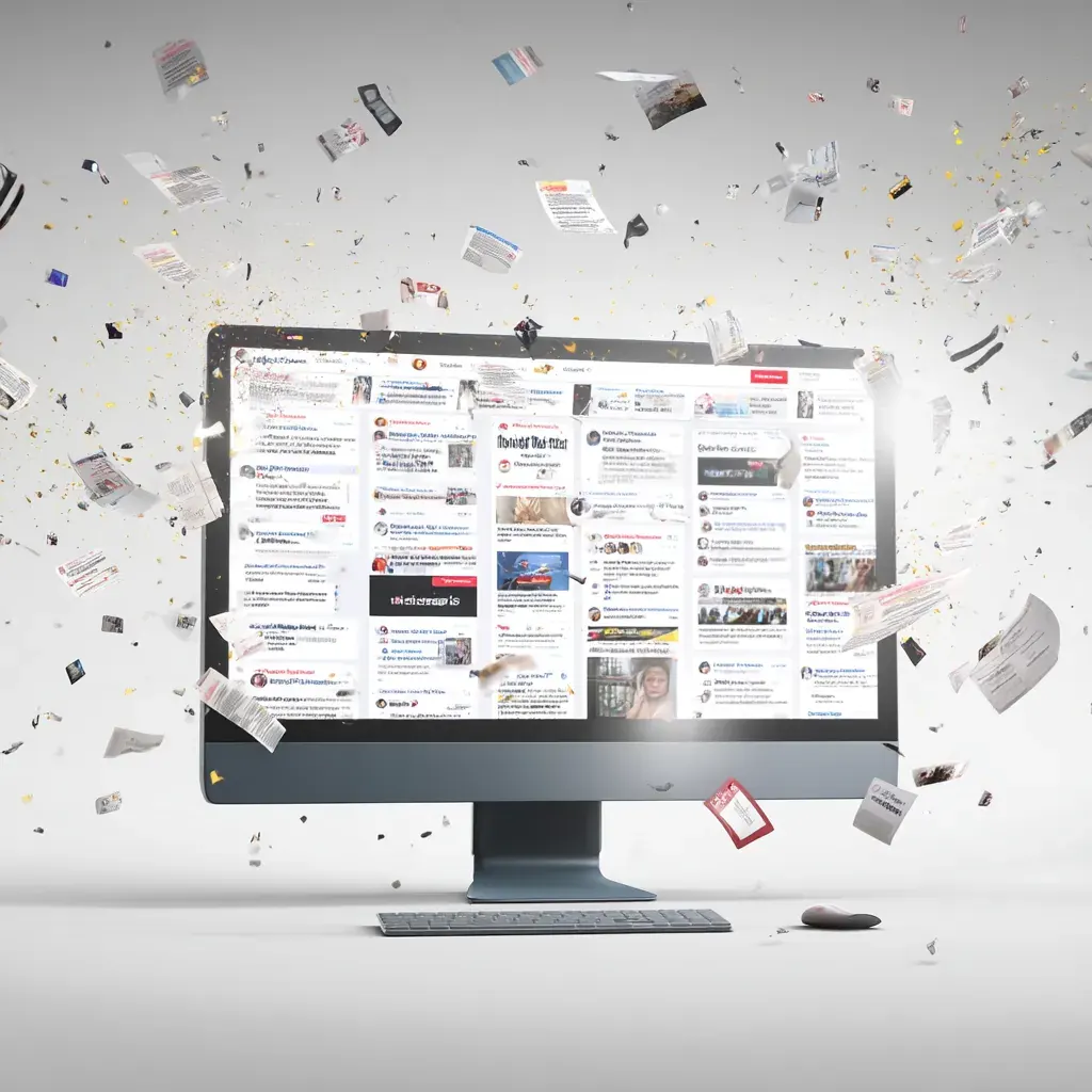 A desktop monitor on a white surface with paper documents and clippings bursting outward from a cluttered on-screen feed.