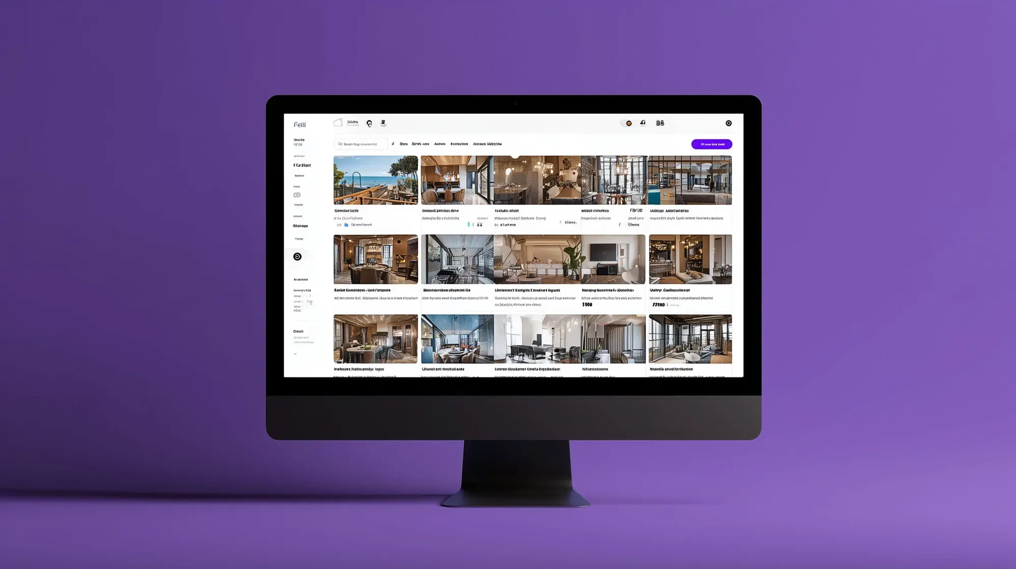 A desktop monitor on a purple backdrop showing a content-library interface, a grid of interior and lifestyle image thumbnails.
