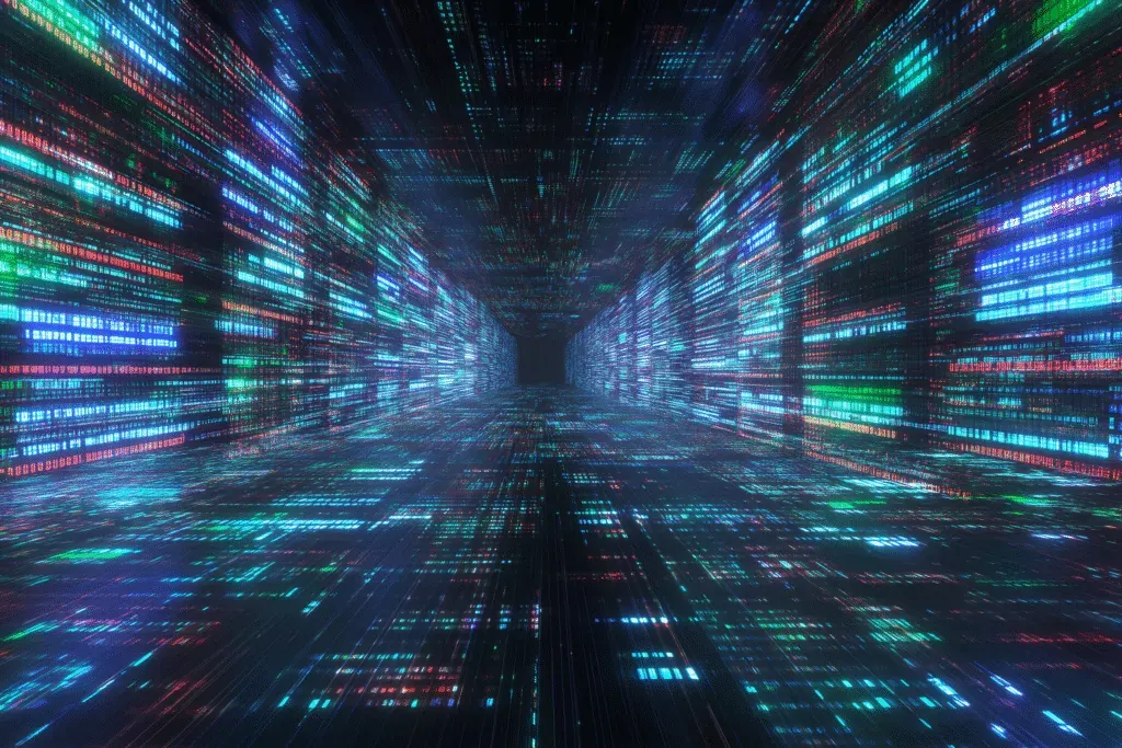 A dark digital corridor of streaming green, blue, and red data receding into the distance.