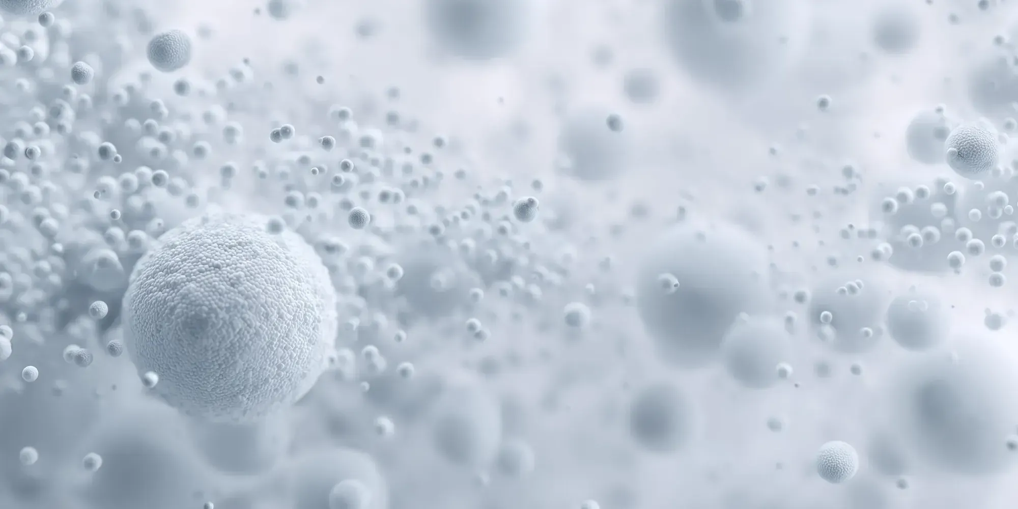 A pale blue-white macro render of countless soft textured spheres of varying sizes drifting in shallow focus.