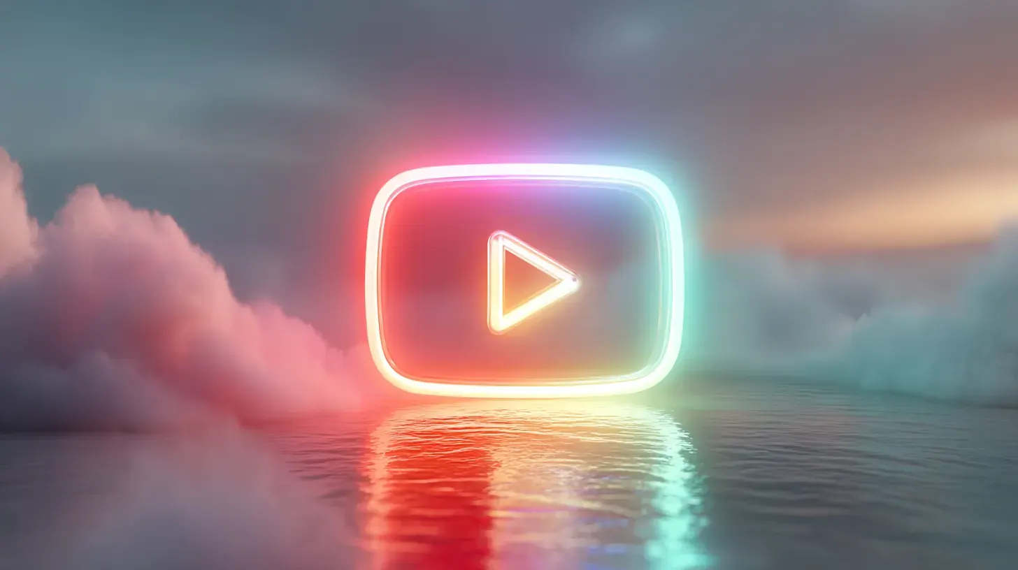 A glowing neon outline of a video play-button icon hovering over still water amid soft pink and teal clouds.