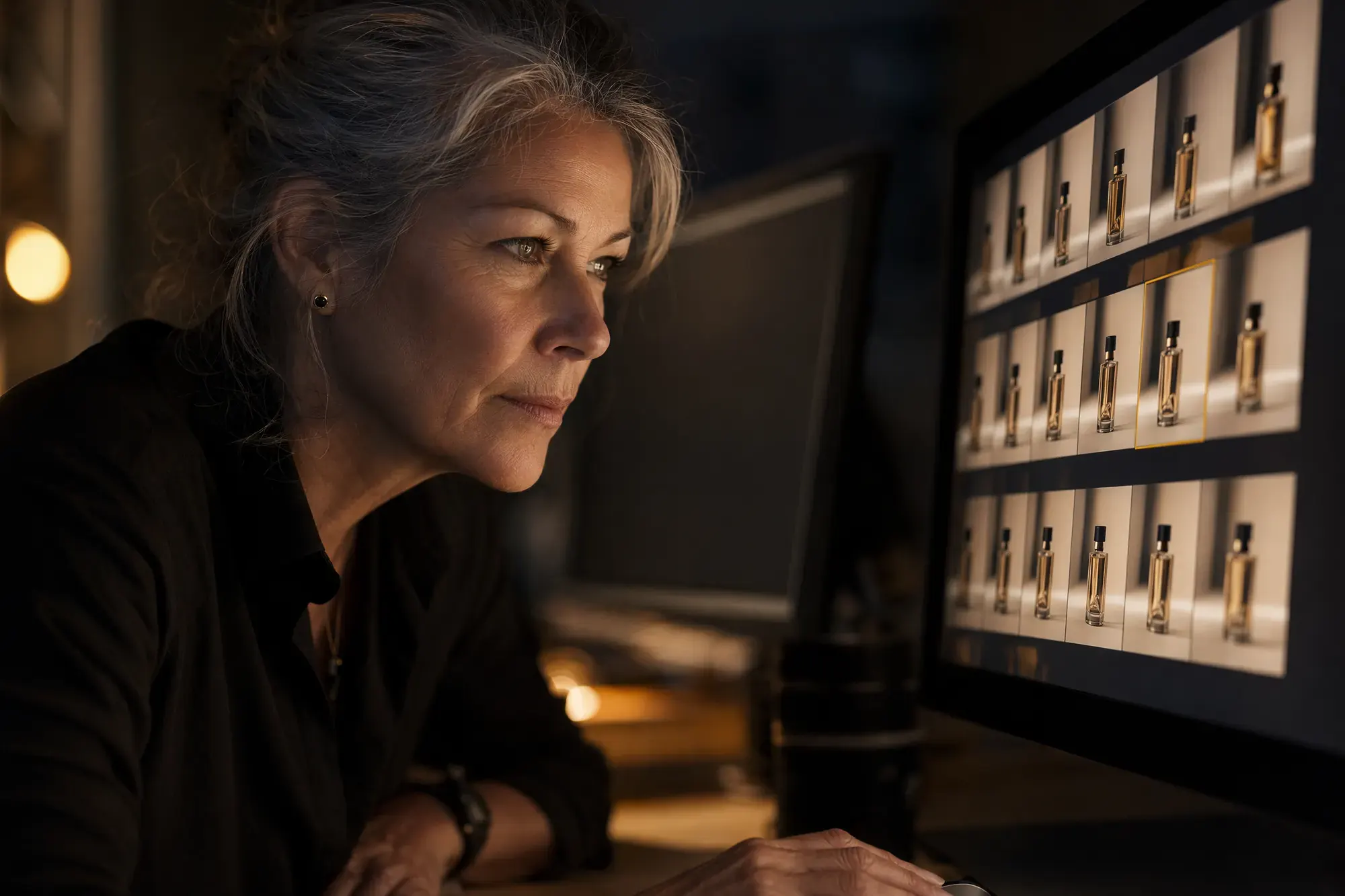 A senior art director in a dim studio leaning toward a warm-lit monitor filled with a dense grid of near-identical product visuals, one subtly highlighted, her face half in amber light and half in shadow.