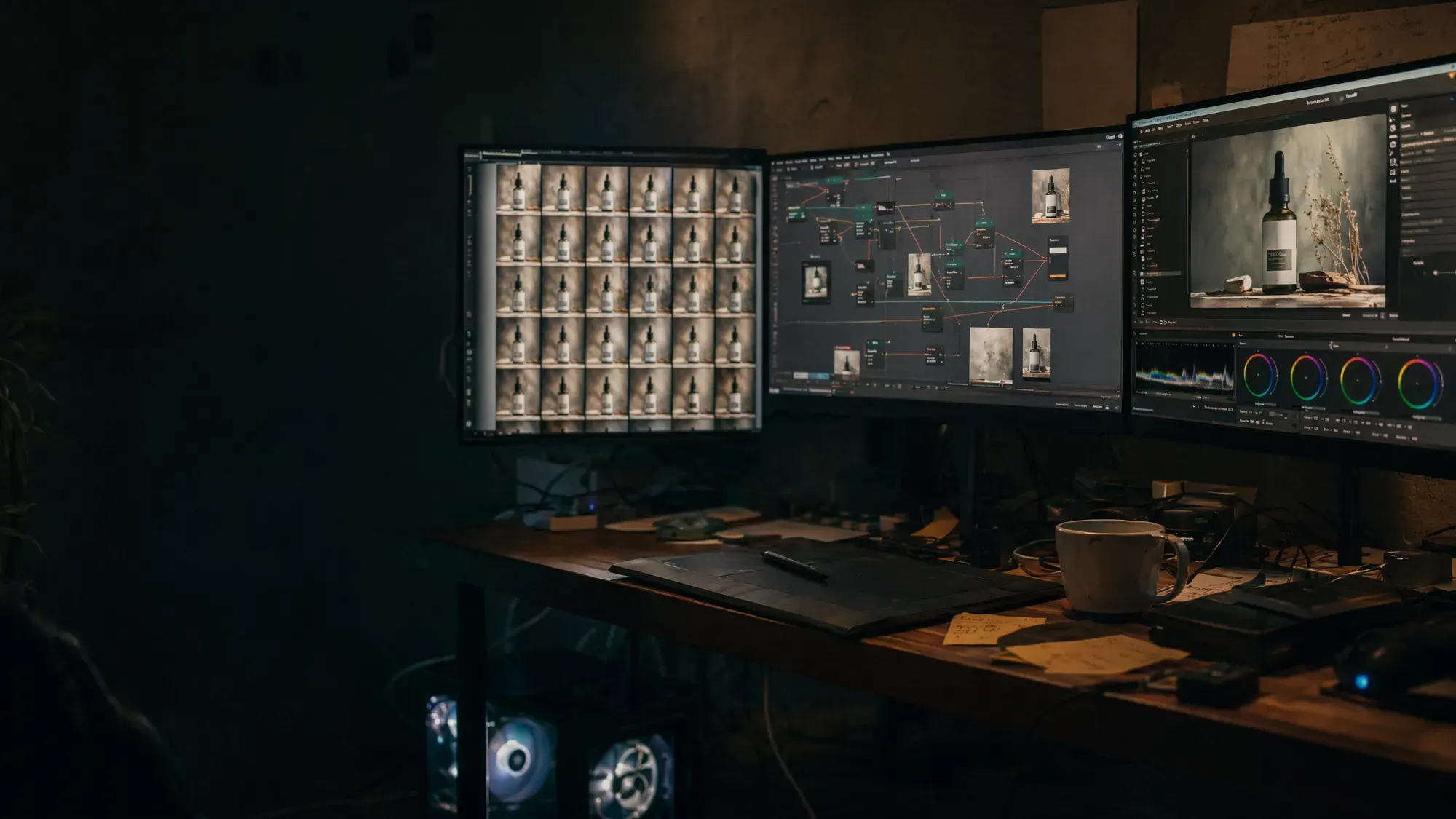 An AI content-production workstation glowing in a dark studio: one monitor shows a grid of generated product-shot variations, another a node-based generation workflow, a third the selected frame in a color-grading suite, a GPU tower glowing beneath the desk.