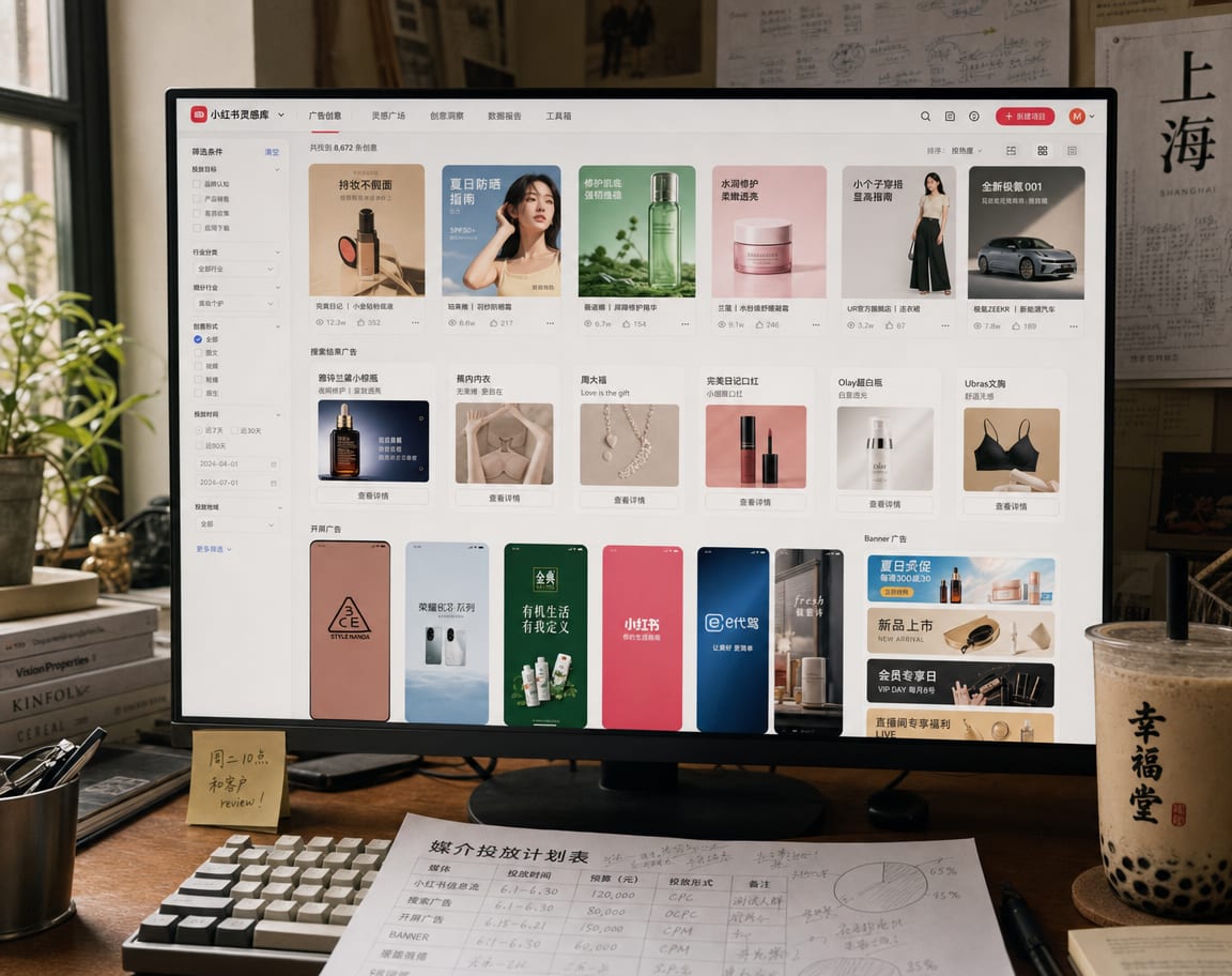 A wide monitor showing the Jingzhuntong creative library, a grid of Kuaiche search ads and JD app-splash variants lined up in the placement preview panel.