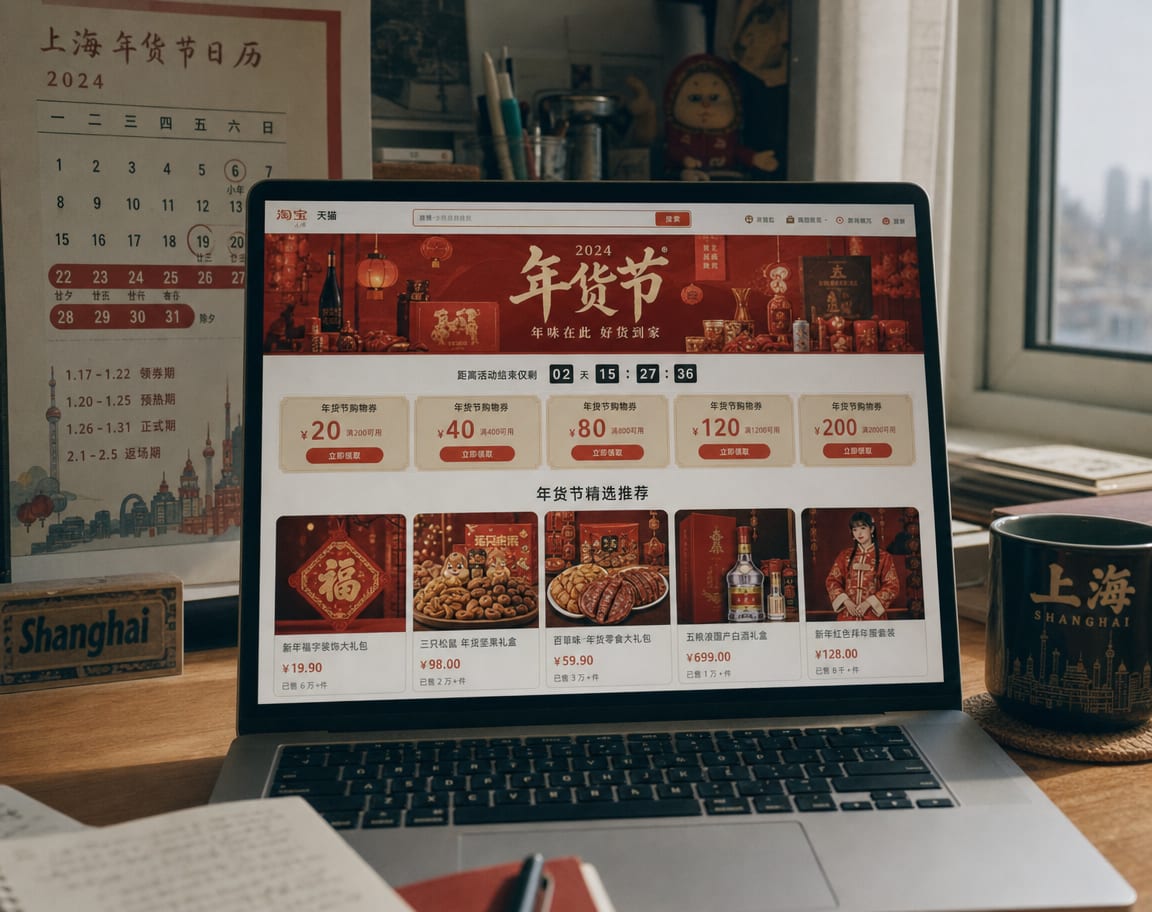 A phone screen showing a JD 618 festival venue page, a bold red festival banner above a countdown timer, a coupon-tile grid and a row of festival-dressed product cards.
