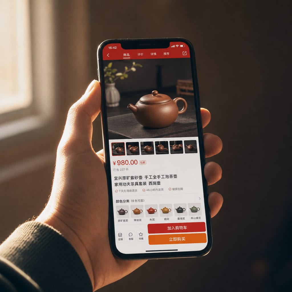 A hand holding a phone in warm rim light showing a JD product detail page.