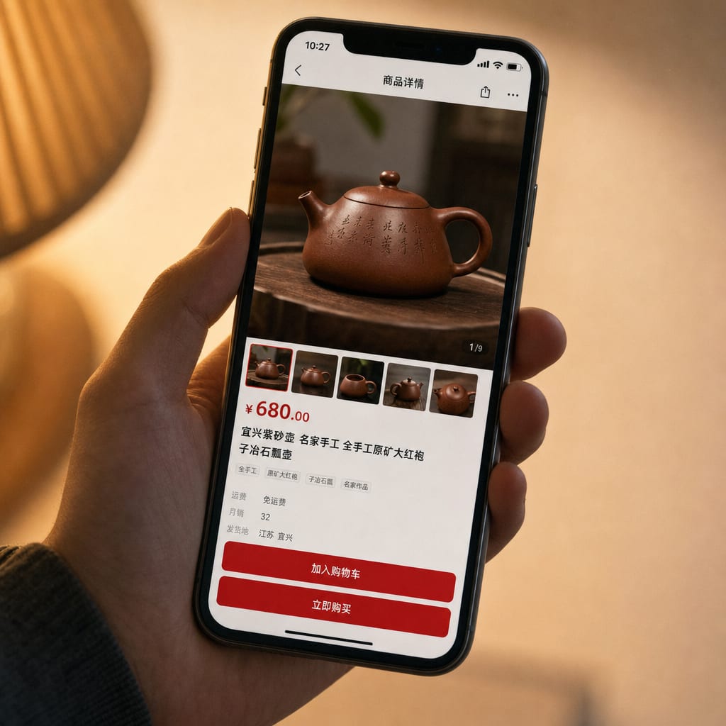 A close cinematic detail of a hand holding a phone vertically against a soft cream background, the screen showing a JD product detail page with the image thumbnail strip and the red price block visible.