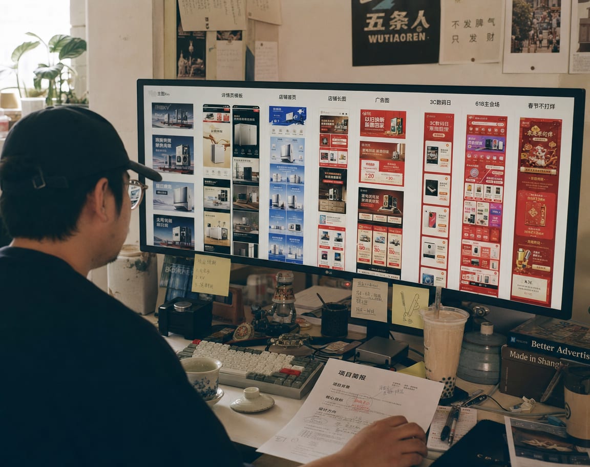 A producer at a wide reference monitor showing the Jingzhuntong creative library, four columns of detail-page, flagship store, ad and 618 campaign assets tagged Product, Store, Ads and Campaign.