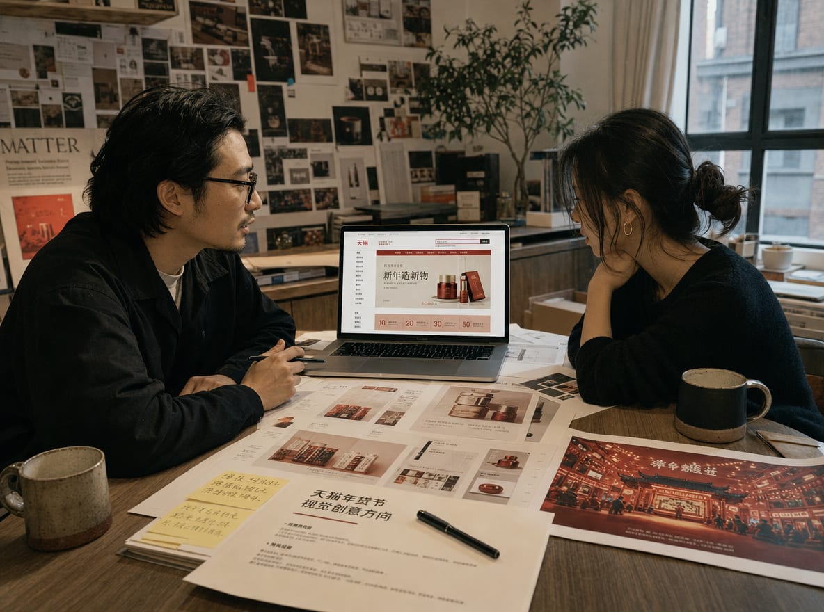 A creative director and a brand lead at a studio table, a laptop between them showing a JD flagship store layout alongside printed JD product detail page and 618 venue-page screenshots.