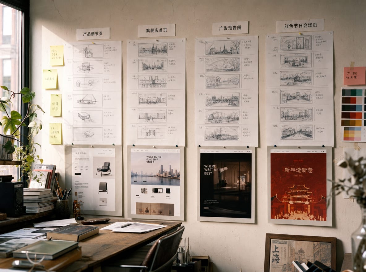 A storyboard wall with four columns of frame sketches labeled Product, Store, Ads and Campaign, each column anchored by a printed JD product detail page mock.