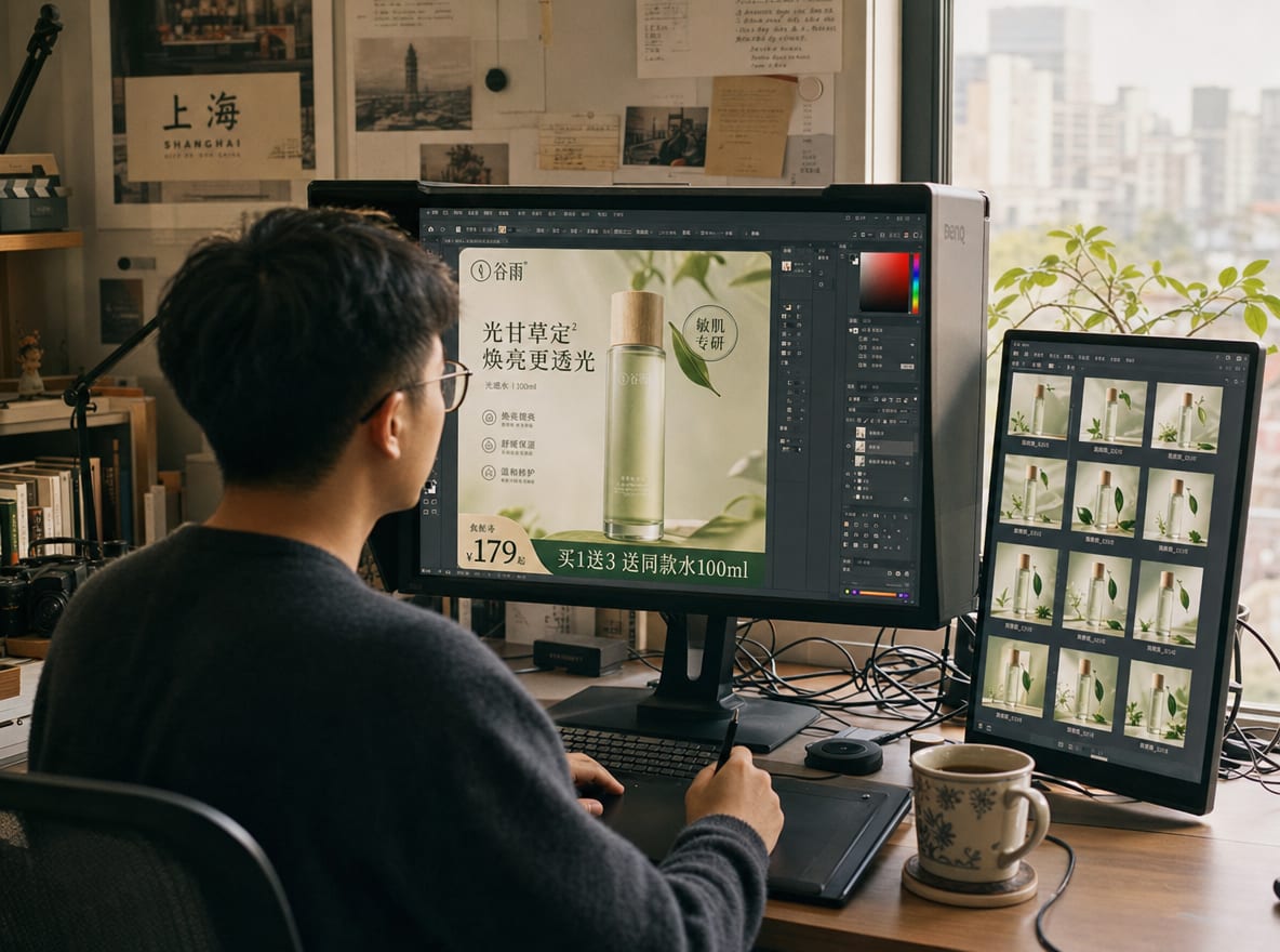 A motion designer at a calibrated workstation, the main monitor showing a single JD detail-page hero module, the side panel showing the Jingzhuntong creative library grid of variants.