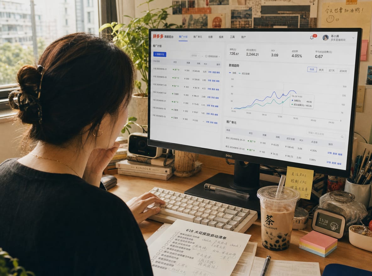 A media buyer at a daylit studio desk, the calibrated monitor showing the Jingzhuntong campaign dashboard with Kuaiche and app-splash placements live.