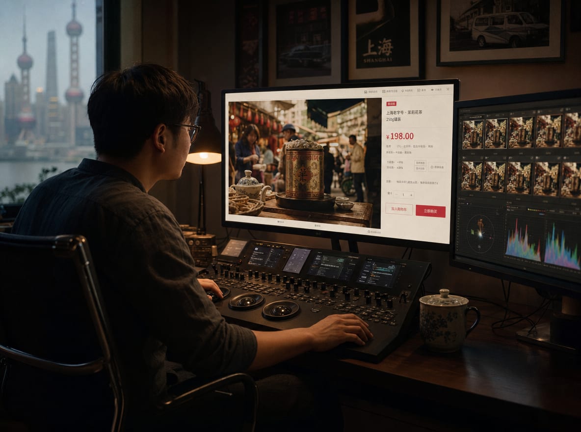 A colorist at a calibrated grading suite, the main reference monitor showing a warm JD lifestyle listing image paused on a product still, the JD interface elements visible at the screen edge.