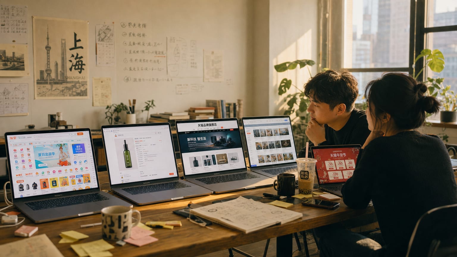 A wide editorial shot of two designers at a daylit studio table, four laptop screens lined up showing a JD product detail page, a JD flagship store homepage, the Jingzhuntong creative library and a JD 618 festival venue page, one per service lane.