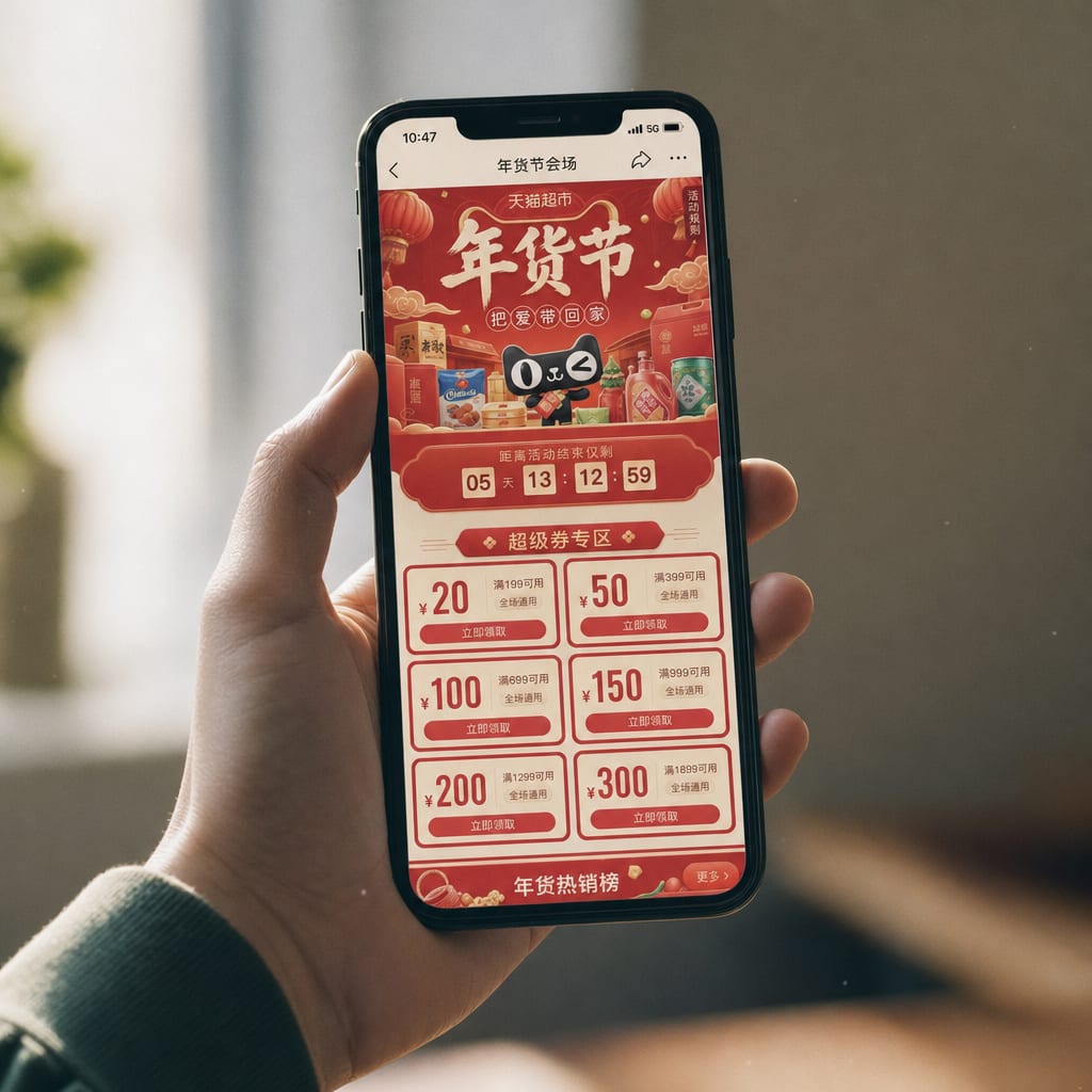 A phone held vertically, the screen filled by a JD 618 festival venue page, a bold red festival banner above a countdown strip and a grid of coupon tiles.